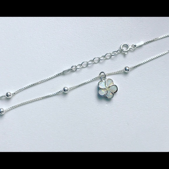 Sterling Silver Opal Plumeria Flower Anklet - Picture 5 of 8